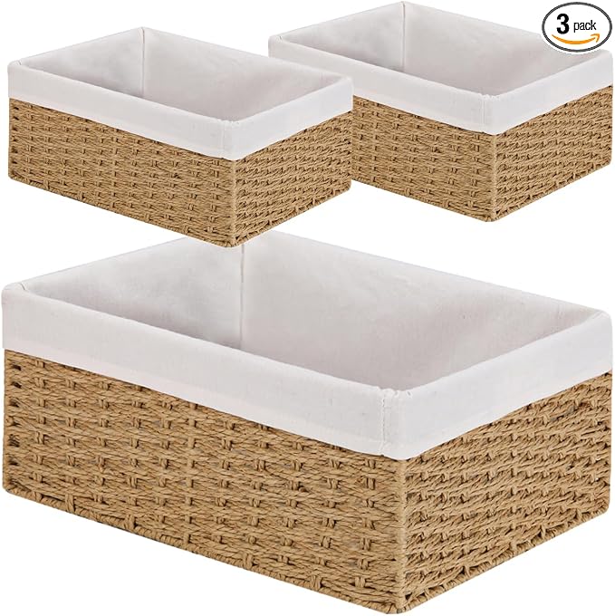 Wicker Storage Basket, 3-Pack Woven Paper Rope Wicker Baskets with Handles, Large Wicker Basket Cube Storage Bins with Liners, Storage Baskets for Organizing Shelves & Decor, Natural by Vagusicc