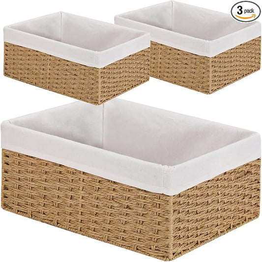 Wicker Storage Basket, 3-Pack Woven Paper Rope Wicker Baskets with Handles, Large Wicker Basket Cube Storage Bins with Liners, Storage Baskets for Organizing Shelves & Decor, Natural by Vagusicc