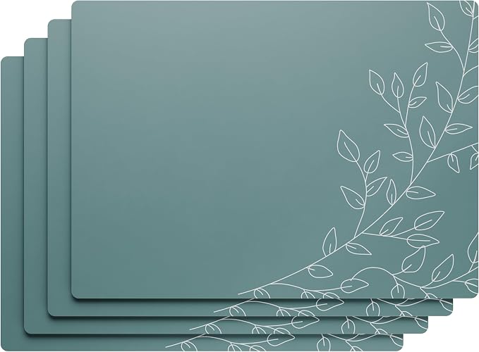 Royalty Art Boho Placemats, Set of 4, Teal Gray, Cork Backed | Wipeable heat resistant surface, kitchen and dining table protection, floral farmhouse pattern - Image 2
