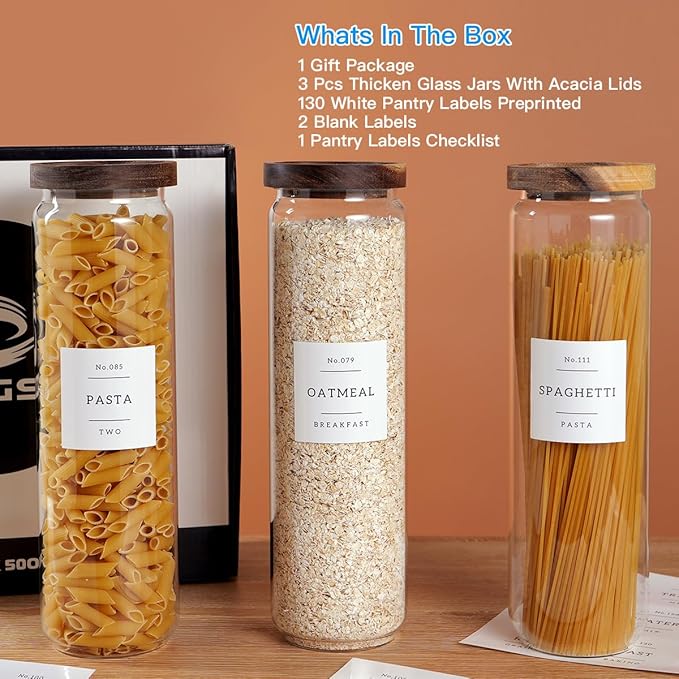 CZZGSM 3 Set Glass Pantry Storage Jars with Acacia Airtight Lid - 50oz Thicken Glass Kitchen Canisters with 132 Pantry Labels - Tall Food Storage Containers with Wood Lid for Pasta,Spaghetti,Cereal - Image 2