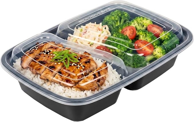 Asporto 32 Ounce Compartment Take Out Boxes, 50 Microwavable Meal Prep Containers - 2 Compartments, With Clear Plastic Lids, Black Plastic Food Containers, Do Not Contain BPA - Restaurantware - Image 6
