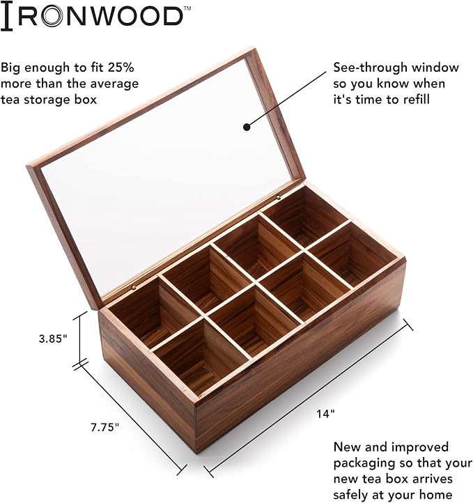 Ironwood Cornwall Tea Box, 8 Compartment Tea Organizer, Acacia Wood - Image 5
