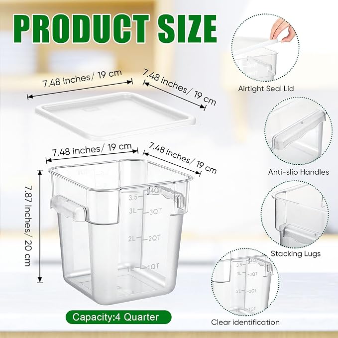 FoldTier 2 Pieces Square Food Storage Containers Polycarbonate Clear food Container with Lid Commercial Storage with Graduations for Commercial Kitchen Dough Marinating Meat(White,4 Qt) - Image 2