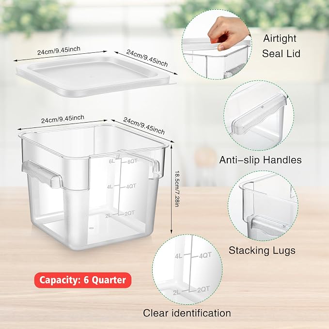 FoldTier 2 Pieces Square Food Storage Containers Polycarbonate Clear food Container with Lid Commercial Storage with Graduations for Commercial Kitchen Dough Marinating Meat(White,6 Qt) - Image 2