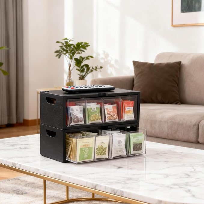 Bamboo Stackable Tea Bag Organizer - 2-Piece Large Capacity Box Set | 2-piece stackable tea box set with large capacity. Eco-friendly bamboo organizers to neatly store tea bags and sugar packets - Image 2