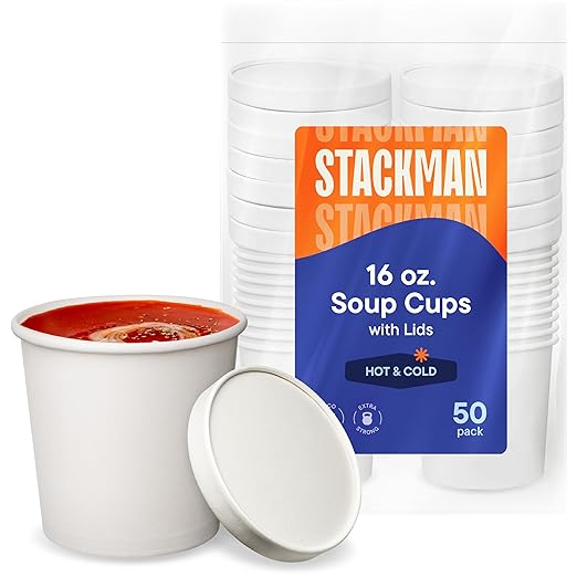 [16 oz. - 50 Sets] Paper Food Container with Lid, Insulated Food Cups with Vented Lids - Hot or Cold To Go Soup Cup, for Soups, Ice Cream and Yogurt - Eco-Friendly - White | Insulated Food Cups with Vented Lids, Hot or Cold To Go Soup Cup for Soups Ice... by StackMan