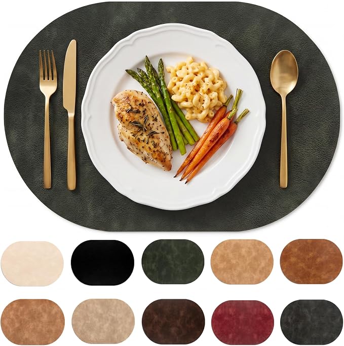 Oval Placemats 2mm Ultra Thick Faux Leather Table Mats, Heat Resistant Waterproof Wipeable Dining Mats for Kitchen Table, Set of 4, Olive Green by BIPASION