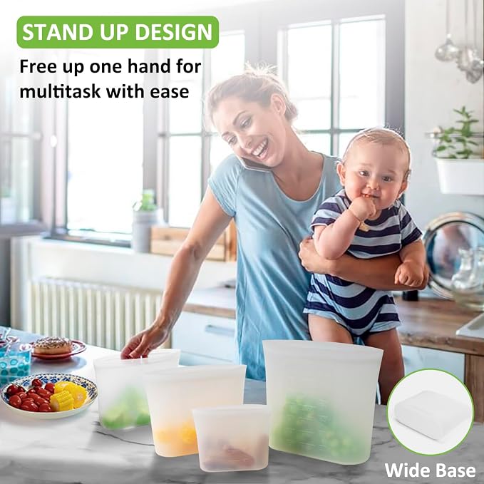 100% Silicone Reusable Storage Bag, 9 Pack Stand-Up Wide-Mouth Zip-Lock Food Storage Bags, Easy-Fill Easy-Open Easy-Clean Space-Saving, Microwave & Dishwasher Safe, Gallon/Sandwich/Snack, Translucent - Image 5