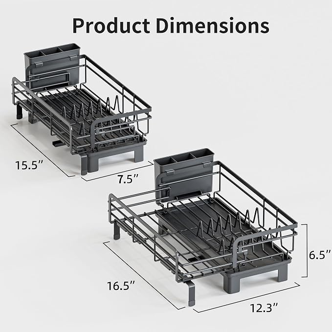 Small Dish Drying Rack - Extendable Dish Rack for Kitchen Counter, Rustproof Dish Drainers with Utensil Holder, Perfect for Apartments, RVs and Small Spaces,16.5" D x 7.5"-12.5" W x 6.5" H - Image 2