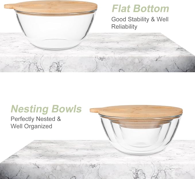JOYMAY Glass Salad Bowls, Set of 3 Glass Bowls with Bamboo Lids Large Serving Bowl for Salad, Pasta, Desserts, W/Bamboo Utensils Salad Fruit Nesting Bowl for Cooking,Baking,Prepping,Serving & Storage - Image 8