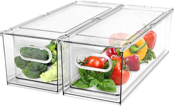 2 Pack Refrigerator Organizer Bins Stackable Fridge Organizer Set with Pull-out Drawer Clear Vegetable Fruit Storage Containers for Kitchen Pantry Organization by GREENBY