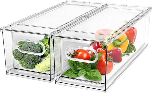 2 Pack Refrigerator Organizer Bins Stackable Fridge Organizer Set with Pull-out Drawer Clear Vegetable Fruit Storage Containers for Kitchen Pantry Organization by GREENBY