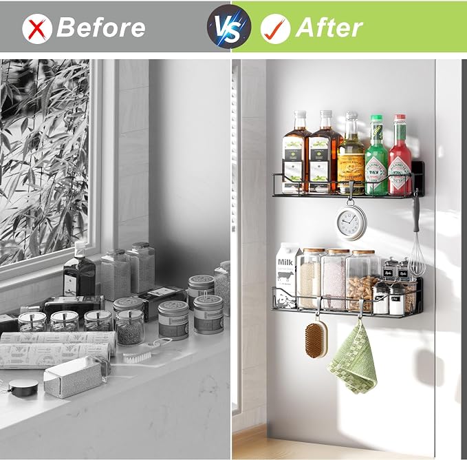 Magnetic Spice Rack for Refrigerator, 2 Pack Strong Magnet Spice Organizer Shelves with Hooks, Magnetic Fridge Shelf for Kitchen Organization and Storage, Seasoning Organizer Gadgets (Black) - Image 5