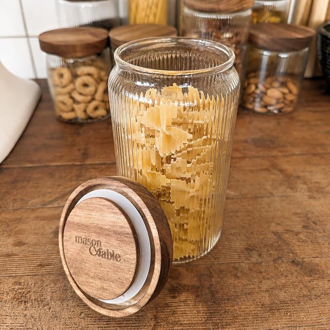 Mason & Fable Ribbed Glass Jars with Wooden Lid 27 fl oz- Set of 3 | Airtight Fluted Storage Container for Pasta, Coffee, Candy, Dog Treats, Snacks | Glass Organization Canisters for Home & Kitchen - Image 7
