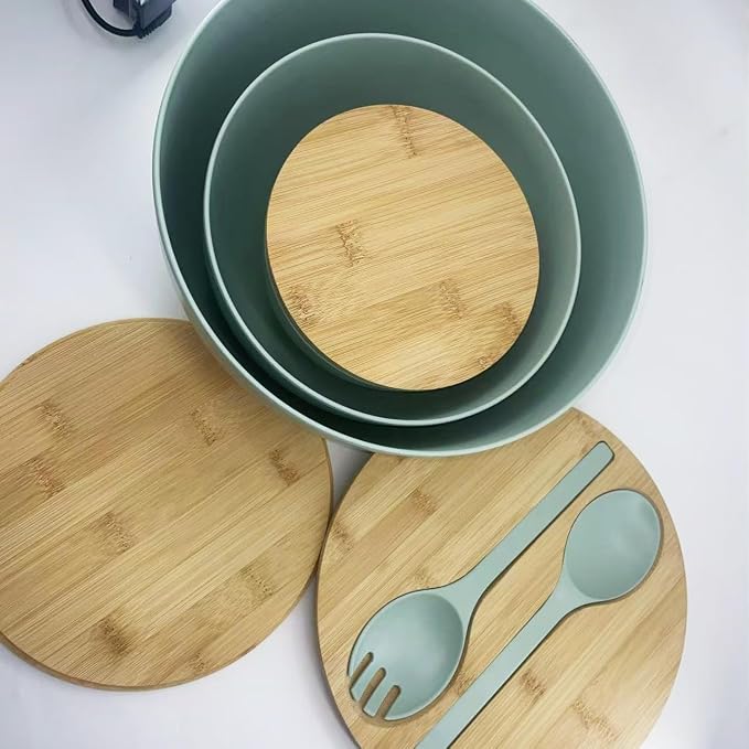 ECOWAY Salad Bowls Set of 3 with Lid & Serving Utensils, Bamboo Fiber Mixing Bowls Set Large Serving Bowls & Storage Set with Bamboo Lid for Salad, Kitchen Eating, Pasta, Popcorn, Chips, Fruit, Cyan - Image 8