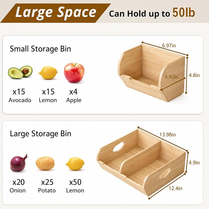 Potato and Onion Storage Bin – 3 Pack Bamboo Pantry Organizer Baskets for Kitchen Counter, Stackable & Ventilated Produce Basket for Fruit, Vegetable, Garlic & Snacks - Image 7