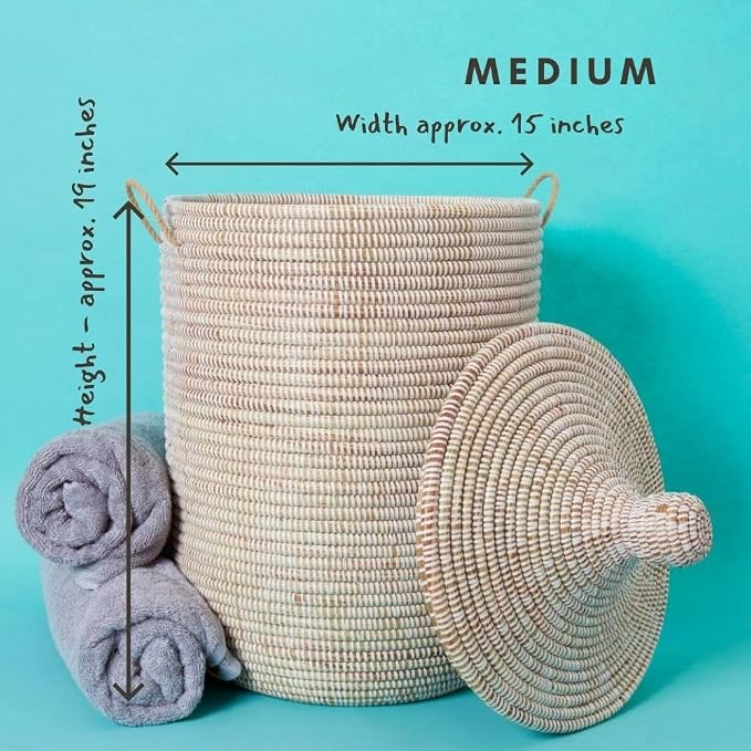 White Woven Basket with Lid, Medium, 16" Wide, 20" Tall - Image 2