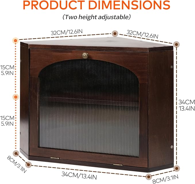 Corner Bread Box for Kitchen Countertop, Solid Wood, Walnut | 2-Tier Large Capacity, Wooden Bread Box, Vintage Farmhouse Breadbox, Pine Wood, Bread Storage Container, Adjustable Shelf - Image 2