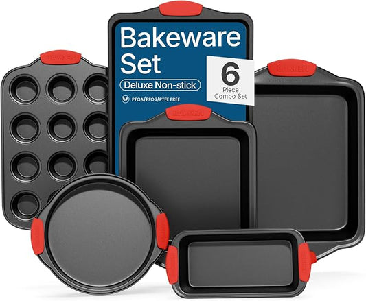 Baking Set – 6 Piece Kitchen Oven Bakeware Set – Deluxe Non-Stick Black Coating Inside and Outside – Carbon Steel – Red Silicone Handles – PFOA PFOS and PTFE Free by Bakken by BAKK%C3%8BNMASTER