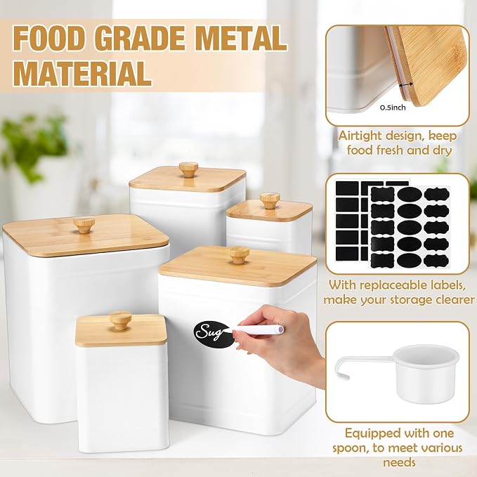 5 Pcs White Kitchen Canisters for Countertop with Labels Airtight Metal Containers Coffee Tea Sugar Flour Jars with Spoon Farmhouse Big Food Storage Set for Kitchen - Image 3