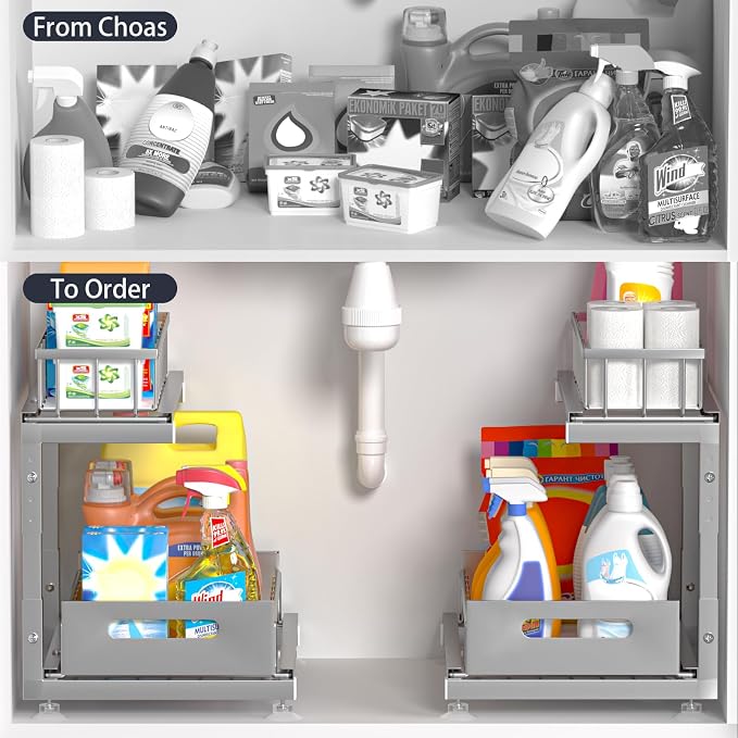 L-Shaped Under Sink Organizer, 2-Tier Pull-out Cabinet Rack 1-Pack | Grey Height-Adjustable Metal Rack, Sliding Grid Drawers with Safety Stopper, Holds 100 Lbs, Ideal Kitchen Cabinet Storage - Image 2