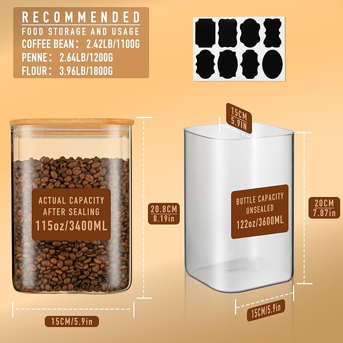 D2scrma 115oz Airtight Glass Square Storage Canister with Bamboo Lid Set of 1 (3400ml) Gallon Glass Jars Large Kitchen Canister for Sugar, Flour, Cookies and Coffee beans (‎with Black Lable) - Image 2