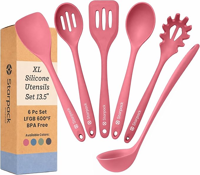 Starpack Like a Boss XL Silicone Cooking Utensils Set (6-Piece, 13.5") - LFGB Certified, 600°F Heat Resistant, BPA-Free - Heavy-Duty Steel Core, Dishwasher Safe - for Nonstick Cookware, Earthy Pink by StarpackHome