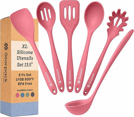 Starpack Like a Boss XL Silicone Cooking Utensils Set (6-Piece, 13.5") - LFGB Certified, 600°F Heat Resistant, BPA-Free - Heavy-Duty Steel Core, Dishwasher Safe - for Nonstick Cookware, Earthy Pink by StarpackHome
