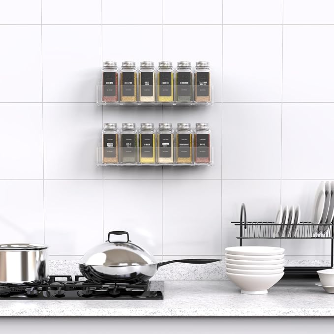 PMMASTO Adhesive Acrylic Spice Rack Organizer with 12 Empty Square Spice Jars, 238 Spice Labels with Chalk Marker and Funnel Complete Set for Kitchen Cabinet/Pantry Door (Clear - 2 Pack) - Image 6