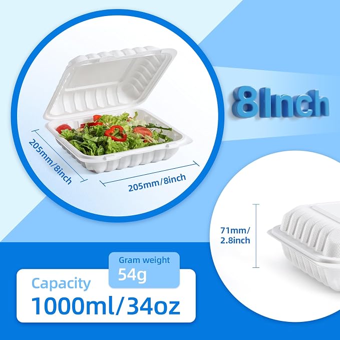 YANGRUI 55-Pack 34oz 8" White Takeout Boxes with Shrink Wrapped No Pre-Wash | Heavy Duty Mineral PP Microwave & Freezer Safe BPA Free Hinged Lunch Containers for Sandwiches, Pizza & Meal Prep - Image 3