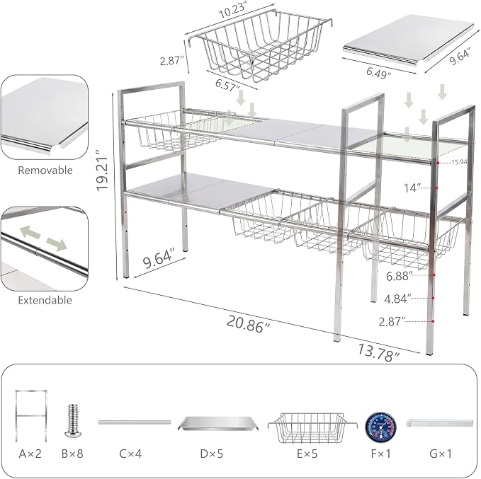 Under-Sink Organizer 2-Tier Expandable Cabinet Storage (5 panels 5baskets) | LED Motion-Sensing Auxiliary Lighting Dial Thermometer Stainless Steel Telescopic & Adjustable Rust-Resistant - Image 2