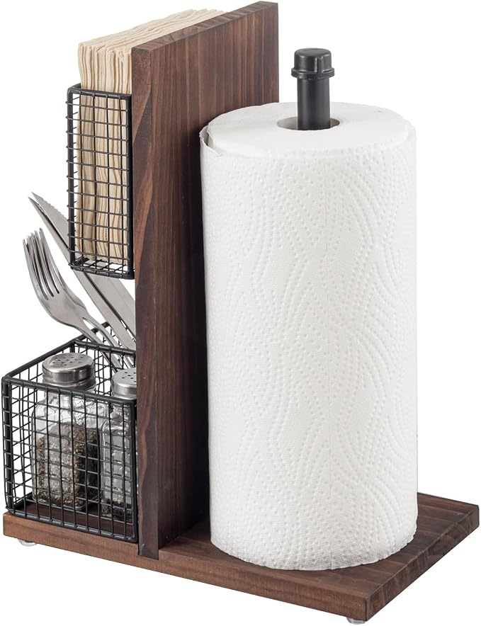 MyGift 3-in-1 Kitchen Organizer with Paper Towel Holder, Napkin Holder & Spice Rack - Rustic Wood & Industrial Metal Pipe Caddy for Farmhouse Dining Table - Image 2