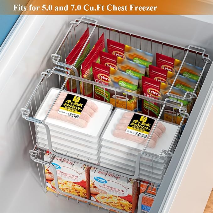 Orgneas Stacking Freezer Organizer Bins for 5.0Cu.Ft Chest Freezer | Small Chest Freezer Baskets Metal Wire Kitchen Pantry Storage Open Front Deep Freezer Bins with Foldable Handles, Set of 4 - Image 2