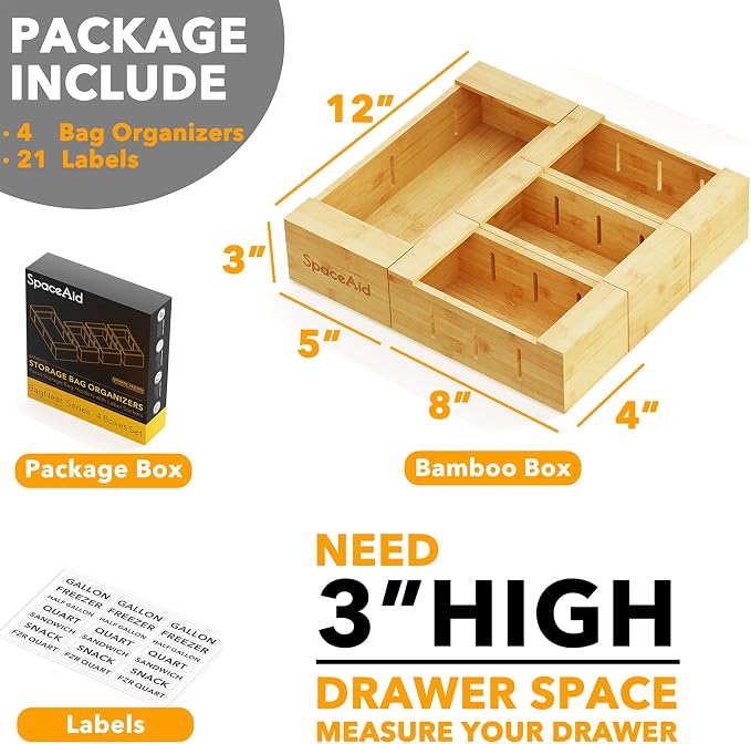 SpaceAid Bag Storage Organizer for Kitchen Drawer, Bamboo Organizer, (4 Pack) SpaceAid WrapNeat 4 in 1 Wrap Dispenser - Image 4