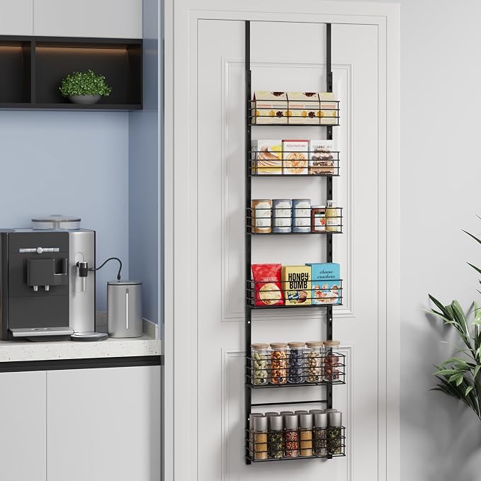 SWTYMIKI Over The Door Organizer - Door Organizer Hanging with 6 Adjustable Metal Large Capacity Basket, Wall Mounted Shelf for Bedroom Closet Bathroom Laundry Pantry Cabinet Kitchen(Black) - Image 7