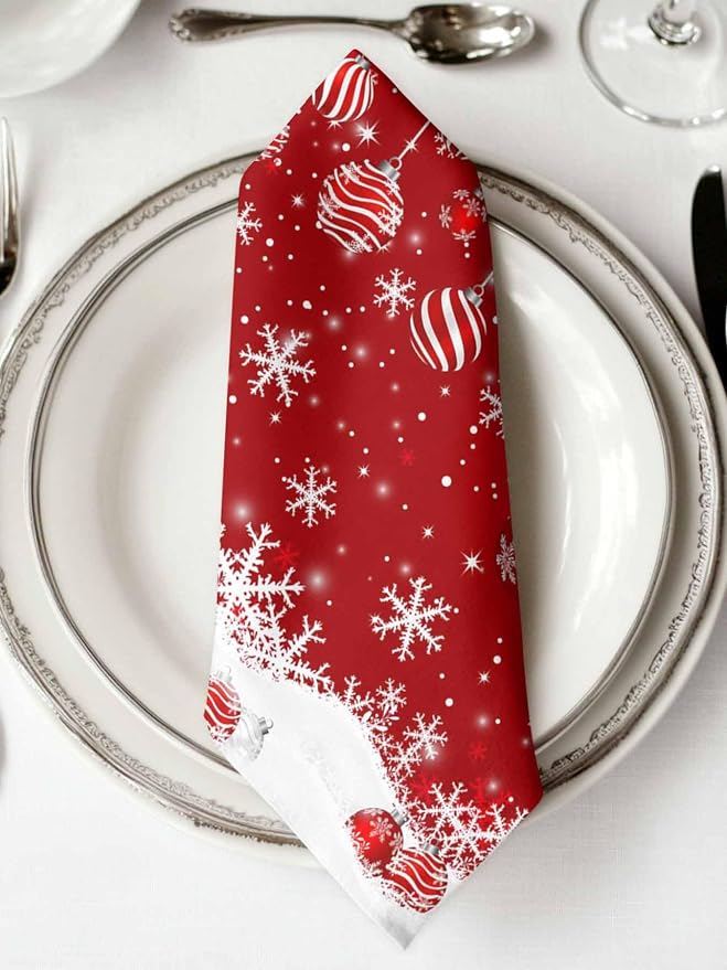 Red Christmas Dinner Cloth Napkins Set of 8, Xmas Ball Winter Snowflake Washable Cocktail Cloth Napkins, Sliver Needles Reusable Table Napkins for Wedding Holiday Party, 20 x 20 Inch - Image 2