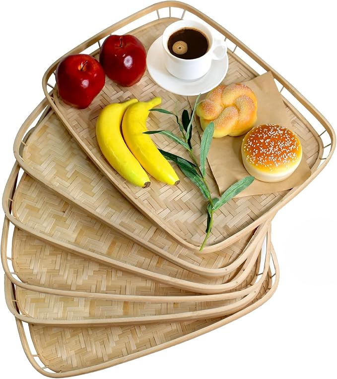 PEMAR Set of 6 Natural Bamboo Trays for Eating - Hand-Woven Handcrafted Rectangular Serving Trays with Handles - Unique Stackable Lap Trays for Dinner, TV Trays for Couch, Farmhouse Decor by PEMAR