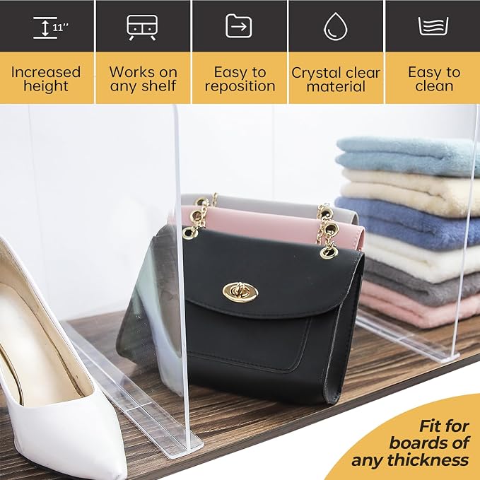 ROUFA 6Pcs Clear Acrylic Shelf Dividers, Closet Organizer Wood Shelf Separators Purse Organizer for Bedroom, Kitchen, Office, Bathroom 11.8''x11'' - Image 4