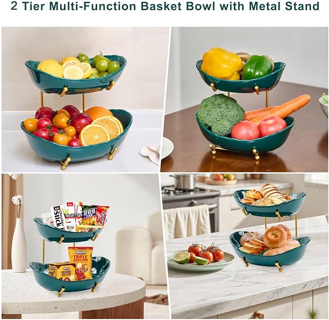 2 Tier Ceramic Fruit Bowl with Gold Metal Stand | Tiered Fruit Basket for Snacks, Nuts, Cake, Dessert (Dark Green) - Image 7