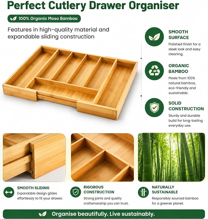 MASS DYNAMIC Bamboo Expandable Cutlery Tray (7 Compartments (5S & 2L)) - Image 4