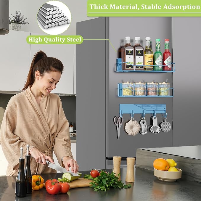 Magnetic Spice Rack for Refrigerator, 3 Pack Metal Magnet Spice Organizer Shelf with Hook Rack, Magnetic Fridge Shelves for Kitchen Organization and Storage, Seasoning Organizer Gadgets (Blue) - Image 5