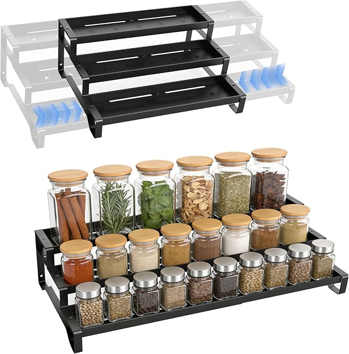 Expandable Spice Rack Organizer for Cabinet 3 Tier Spicy Shelf Black 1Pack | Adjustable Length 13"-21", Easy to See Labels, Sturdy Metal, Slip-Resistant Guardrails for Jars, Cabinet & Countertop Storage - Image 9