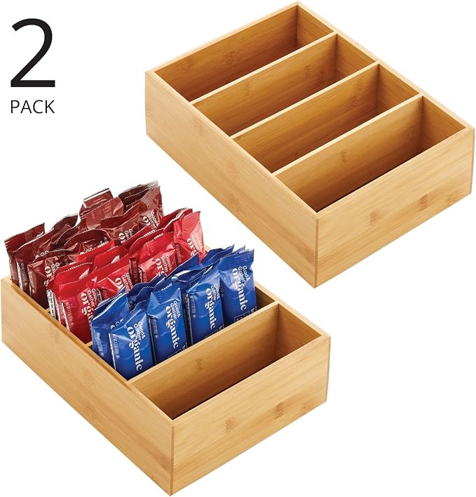 mDesign Bamboo Wood Food Storage Organizer Box, 4 Section, Divided Compartment Bin; Container for Kitchen, Pantry; Holder for Spices, Snacks, Tea, Coffee Cup - Echo Collection - 2 Pack - Natural - Image 2