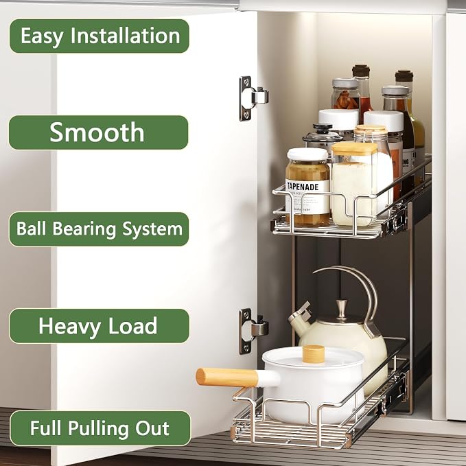 2 Tier Individual Pull Out Cabinet Organizer 9" W x 21½" D, Heavy Duty Cabinet Pull Out Shelves, Slide Out Drawers Organization for Kitchen Cabinets Bathroom - Image 2