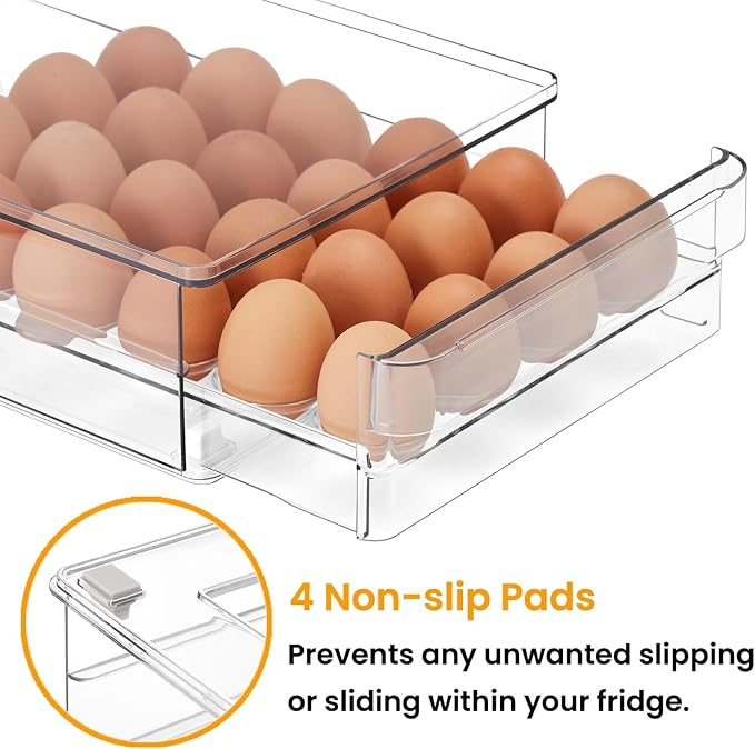 24 Capacity Egg Holder for Refrigerator, Egg Drawer for Fridge Pull Out Egg Storage Container with Non-Slip Pads Clear Egg Tray Egg Organizer - 2 Pack - Image 5