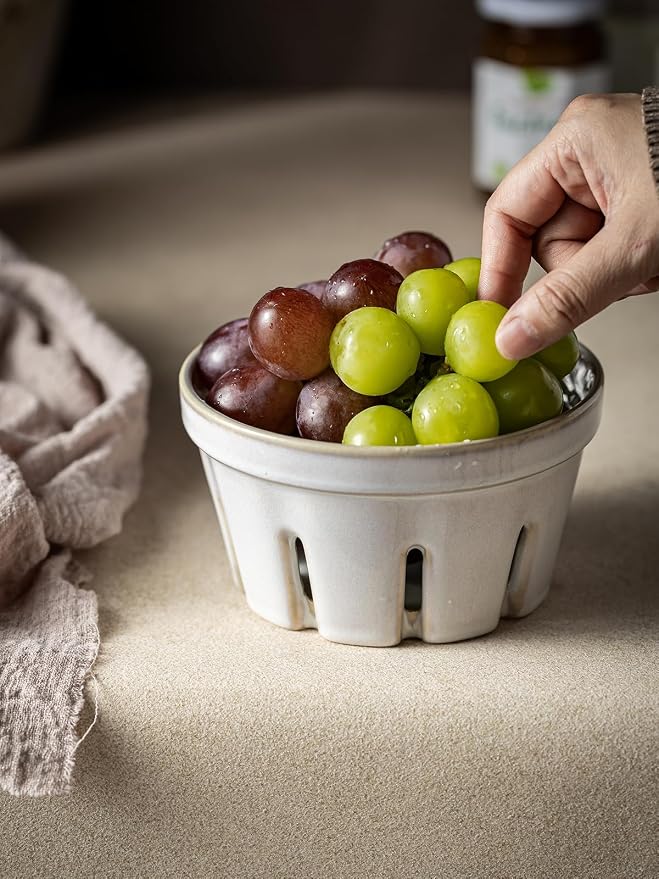 Gomakren Ceramic Berry Basket Set of 2, Fruit Bowl Colanders 5.8 Inch White | Drain Holes Keep Berries Fresh, Stackable Space-Saving, Dishwasher Safe, Versatile Fruit Serving & Farmhouse Kitchen Decor - Image 6