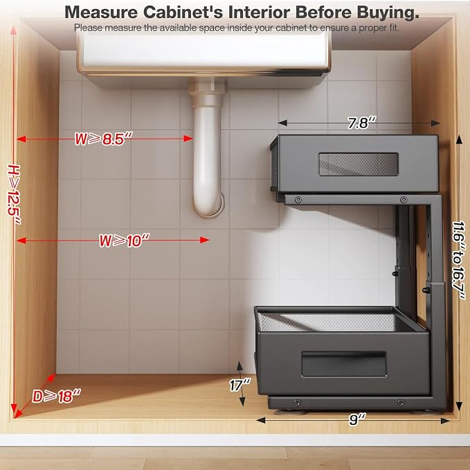1 Pack 17IN Depth Under Sink Organizer, 2-Tier Pull Out Cabinet Organizer With Smooth Circular Rail, Large Capacity Metal Mesh Sliding Drawers For Bathroom& Kitchen Storage,Height Adjustable –Black - Image 2