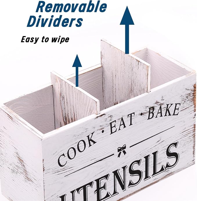 Kitchen Utensil Holder for Counter or Countertop, Extra Large Wood Organizer with 3 Compartments, Wooden Storage for Cooking and Silverware, Rustic Minimalist Decor, Sturdy Utensil Crock-White - Image 3