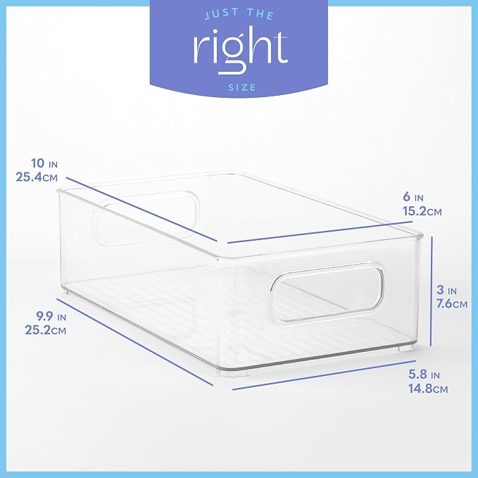 Plastic Food Storage 4 Pack Clear Container Bin with Handles for Organizing Kitchen, Pantry, Refrigerator, Freezer, Pantry, Cabinet, Closet, Bathroom. Stackable 10”x6”x3” - Image 3