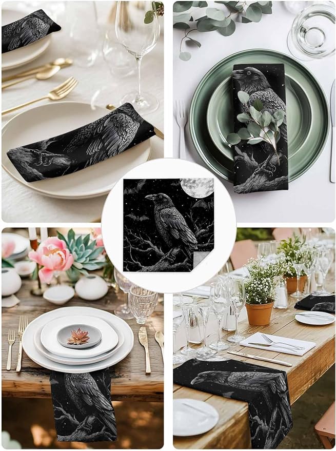 Kitchen Cloth Napkins 2 Pack Halloween Crow Bat Moon Dinner Napkins Soft Table Napkin for Family Dinners Cocktail Parties Wedding, Washable & Reusable, 20" x 20" - Image 4
